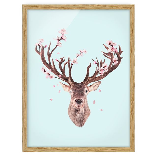 Ingelijste posters Deer With Cherry Blossoms