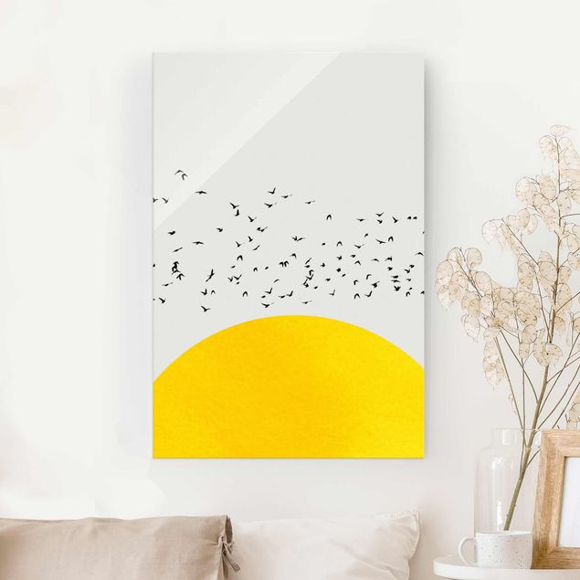 Glas Magnetboard Flock Of Birds In Front Of Yellow Sun