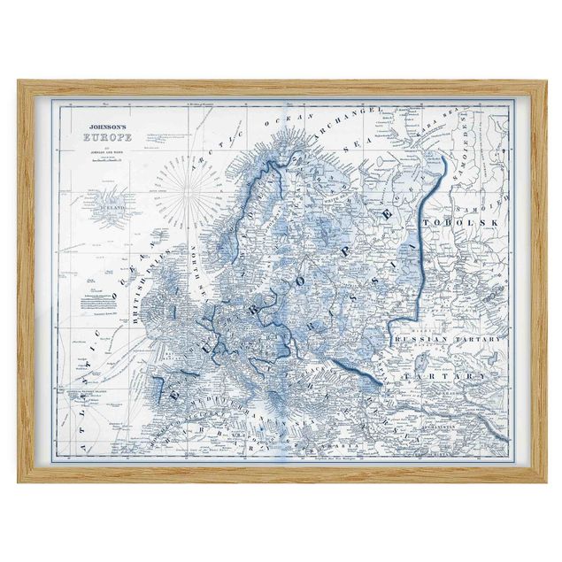 Ingelijste posters Map In Blue Tones - Europe