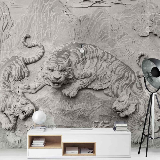 Fotobehang Chinoiserie Tiger In Stone Look