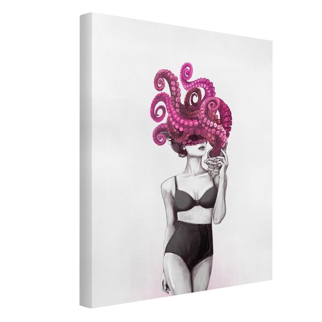 Canvas schilderijen Illustration Woman In Underwear Black And White Octopus