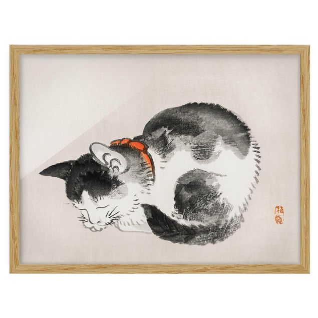 Ingelijste posters Asian Vintage Drawing Sleeping Cat