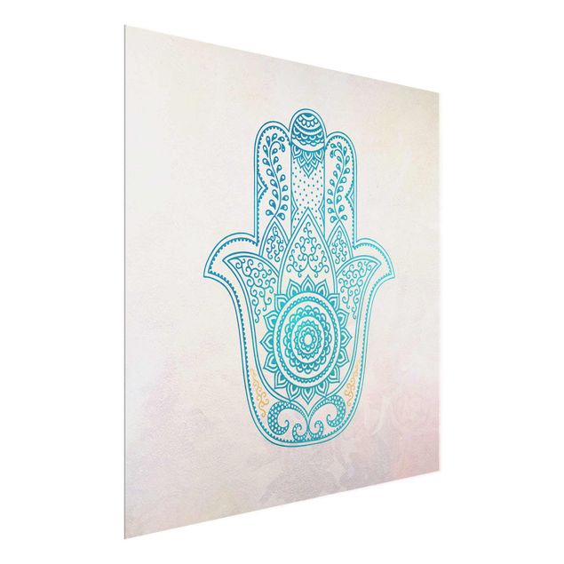 Glasschilderijen Hamsa Hand Illustration Mandala Gold Blue