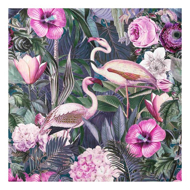 Glasschilderijen Colourful Collage - Pink Flamingos In The Jungle