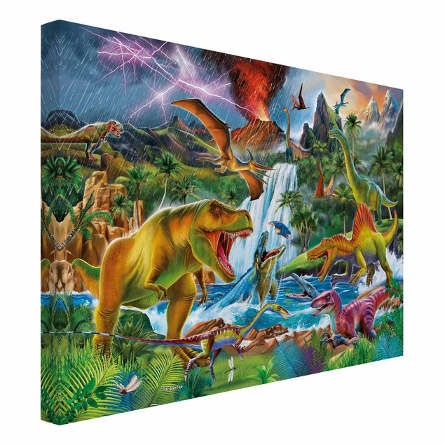 Canvas schilderijen Dinosaurs In A Prehistoric Storm