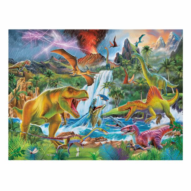 Canvas schilderijen Dinosaurs In A Prehistoric Storm