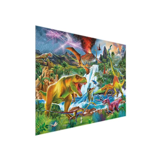 Glasschilderijen Dinosaurs In A Prehistoric Storm