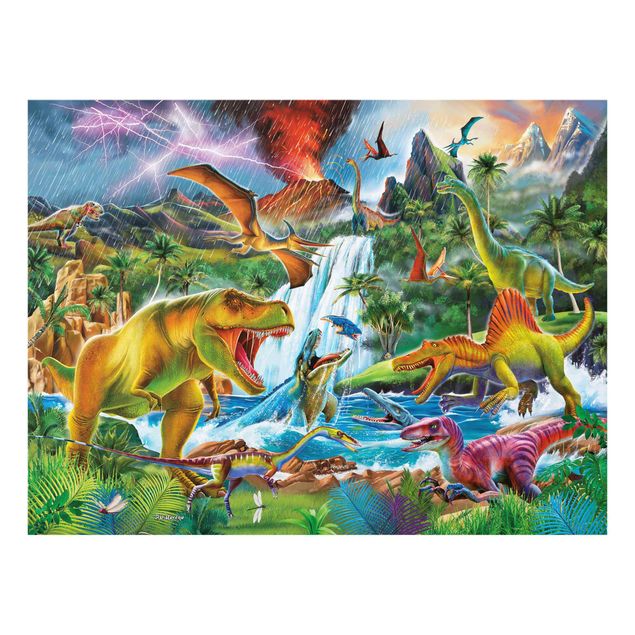 Glasschilderijen Dinosaurs In A Prehistoric Storm