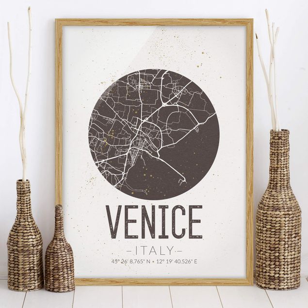 Ingelijste posters Venice City Map - Retro