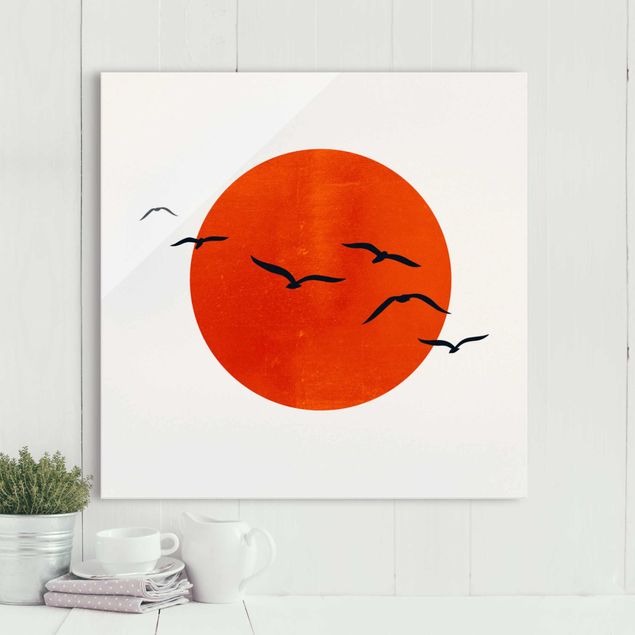 Glas Magnettafel Flock Of Birds In Front Of Red Sun I