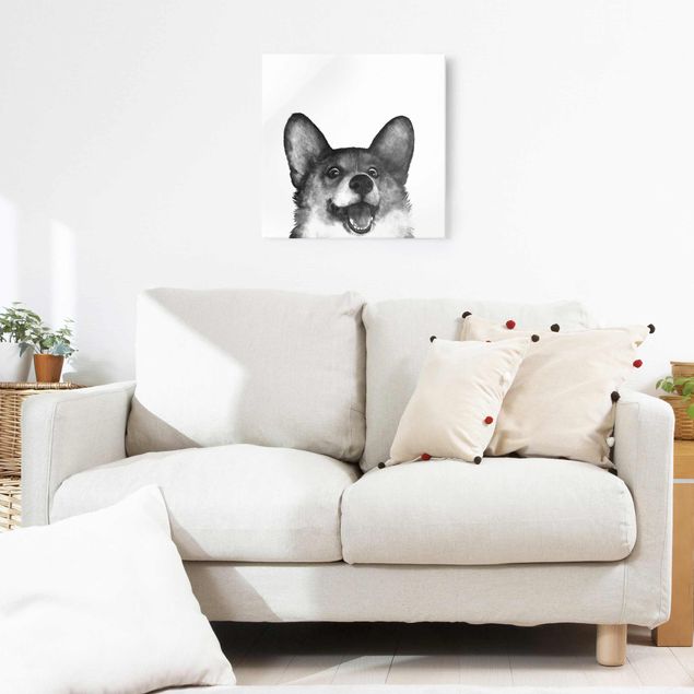 Glasschilderijen Illustration Dog Corgi Black And White Painting