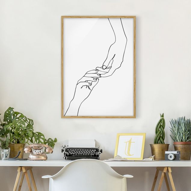 Ingelijste posters Line Art Hands Touching Black And White