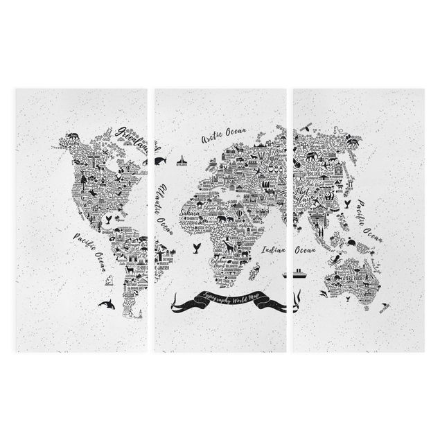 Canvas schilderijen - 3-delig Typography World Map White