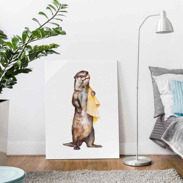 Glas Magnetboard Illustration Otter With Towel Painting White