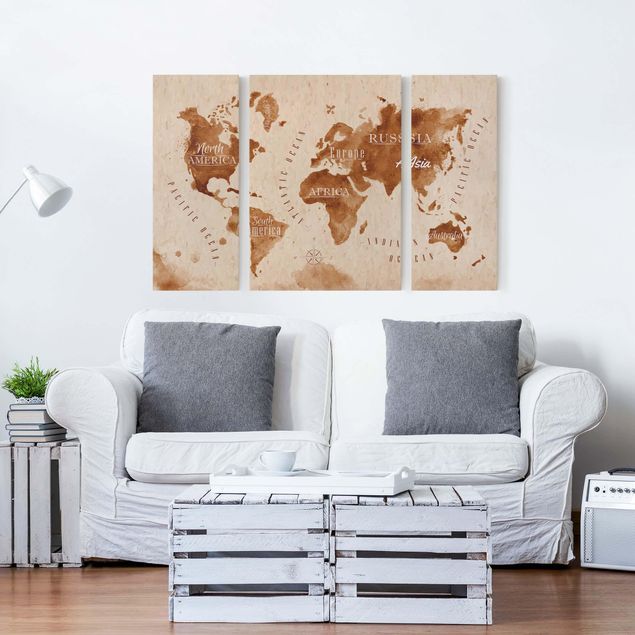 Canvas schilderijen - 3-delig World Map Watercolour Beige Brown
