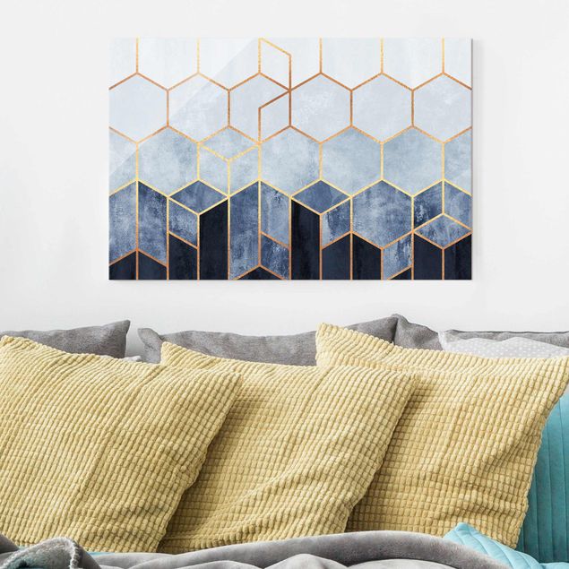 Glasschilderijen Golden Hexagons Blue White