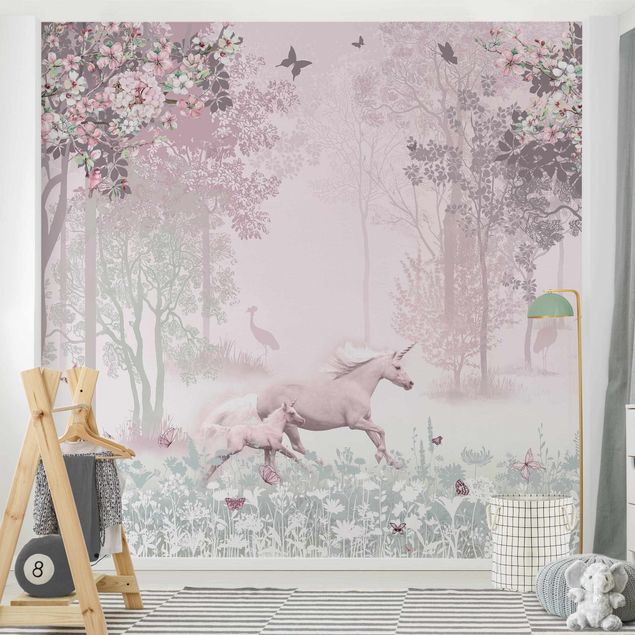 Fotobehang Unicorn on flower meadow in pink