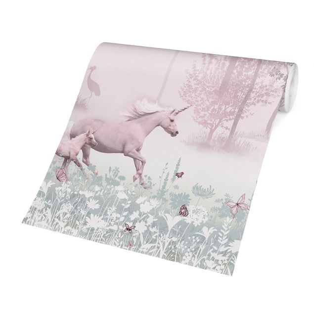 Fotobehang Unicorn on flower meadow in pink