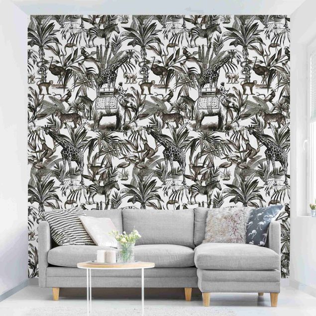 Patroonbehang Elephants Giraffes Zebras And Tiger Black And White With Brown Tone