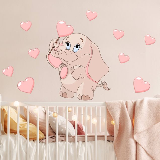Muurstickers dieren Elephant baby with pink hearts