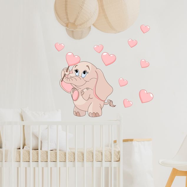 Muurstickers harts Elephant baby with pink hearts