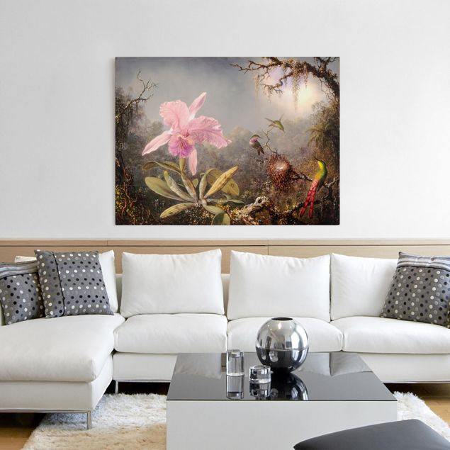 Canvas schilderijen Martin Johnson Heade - Orchid And Three Hummingbirds