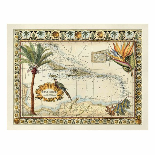 Canvas schilderijen Vintage Tropical Map West Indies