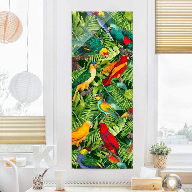 Magnettafel Glas Colourful Collage - Parrots In The Jungle