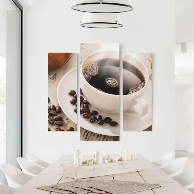Canvas schilderijen - 3-delig Steaming coffee cup with coffee beans