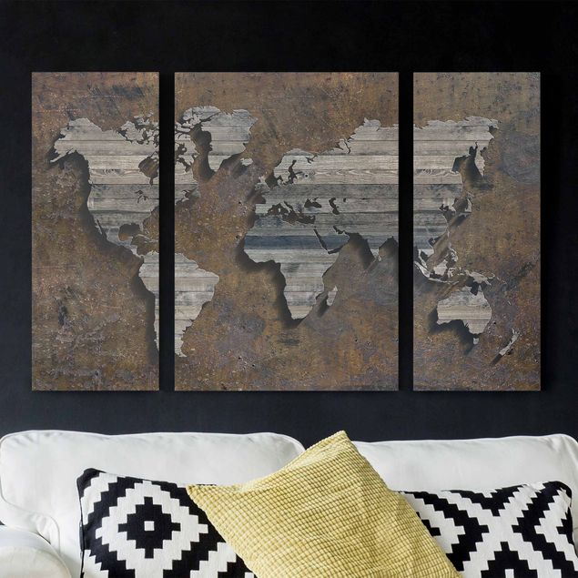 Canvas schilderijen - 3-delig Wooden Grid World Map