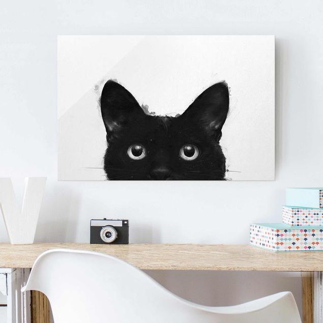 Glasschilderijen Illustration Black Cat On White Painting