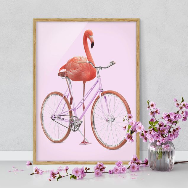 Ingelijste posters Flamingo With Bicycle