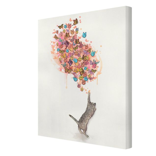 Canvas schilderijen Illustration Cat With Colourful Butterflies Painting