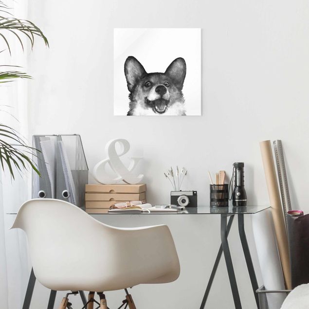 Glas Magnettafel Illustration Dog Corgi Black And White Painting