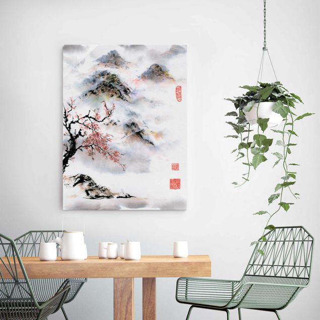 Glasschilderijen Japanese Watercolour Drawing Cherry Tree And Mountains