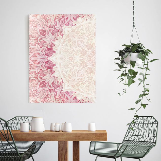 Canvas schilderijen Mandala WaterColours Ornament Semicircle Beige Light Pink