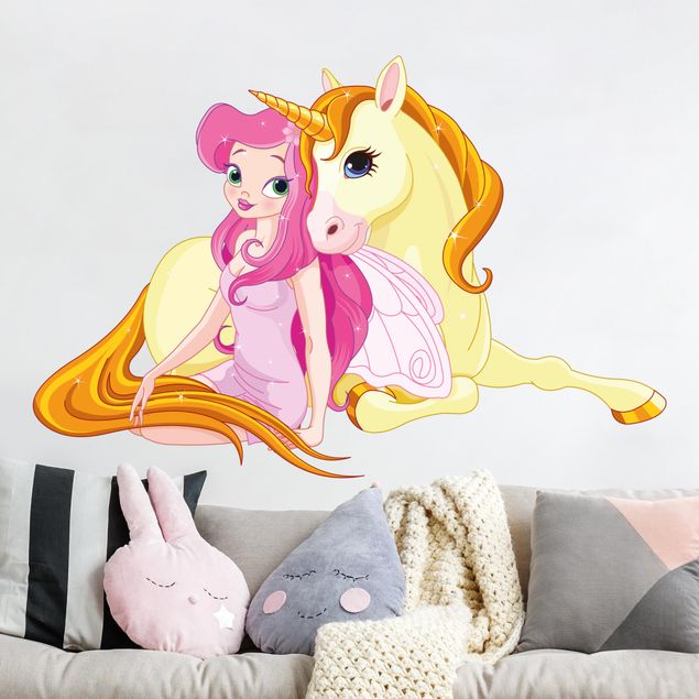 Muurstickers eenhoorn Fairy with her unicorn