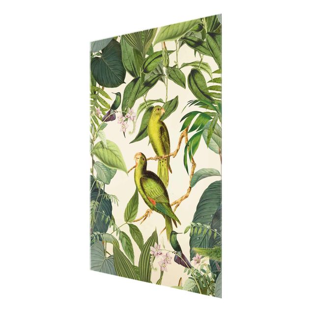 Glasschilderijen Vintage Collage - Parrots In The Jungle