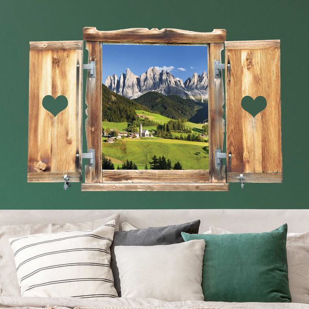 Muurstickers Window with heart Geislerspitzen in South Tyrol
