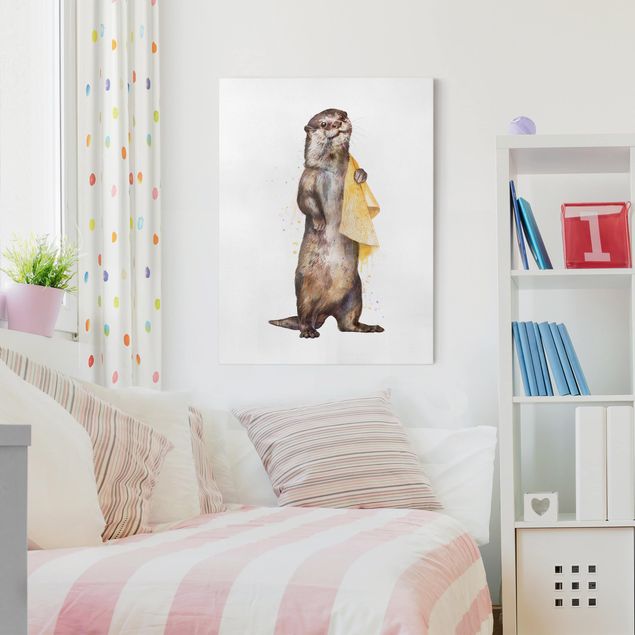 Canvas schilderijen Illustration Otter With Towel Painting White
