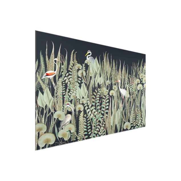 Glasschilderijen Flamingo And Stork With Plants On Green