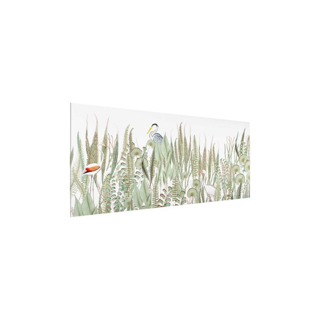 Glasschilderijen Flamingo And Stork With Plants