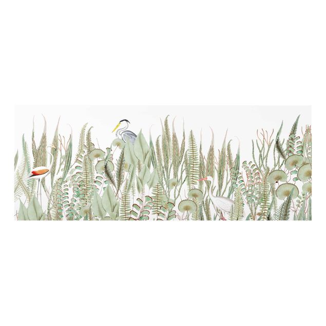 Glasschilderijen Flamingo And Stork With Plants