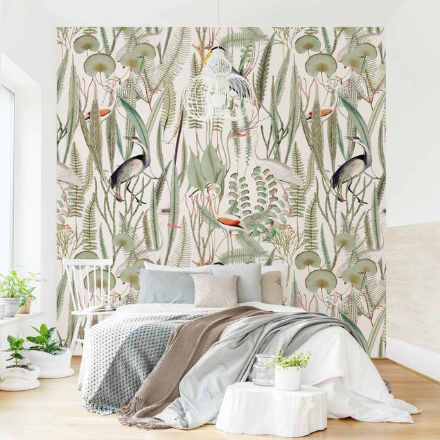 Fotobehang Flamingos And Storks With Plants
