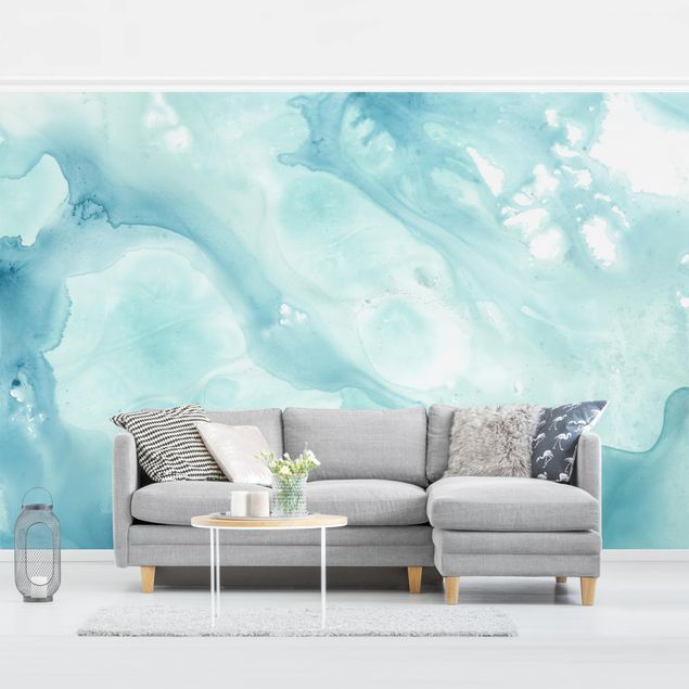 Fotobehang Emulsion In White And Turquoise I