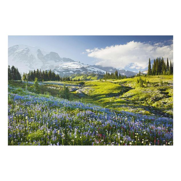 Glasschilderijen - Mountain Meadow With Blue Flowers in Front of Mt. Rainier