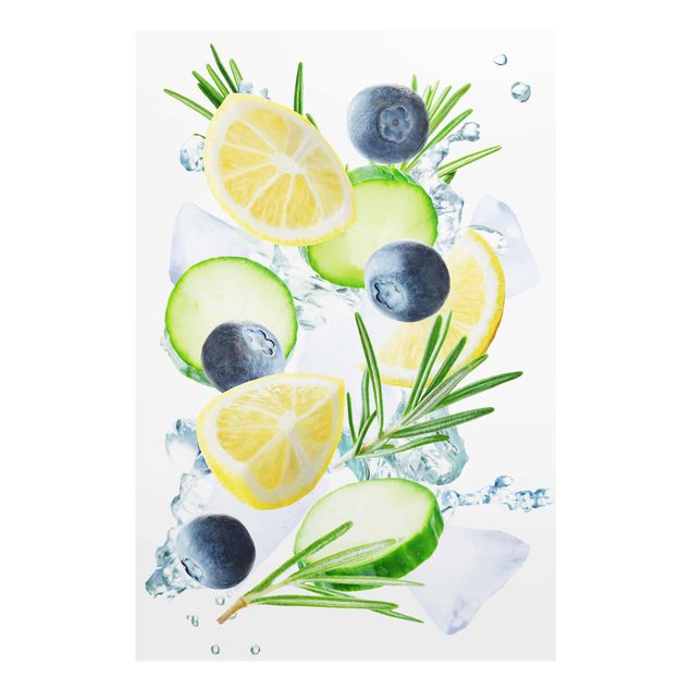 Glasschilderijen Blueberries Lemon Ice Spash