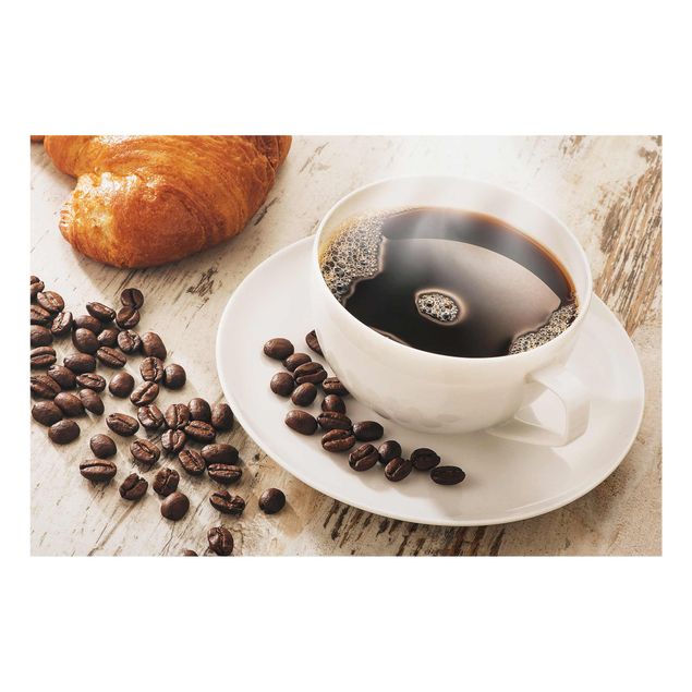 Glasschilderijen Steaming coffee cup with coffee beans