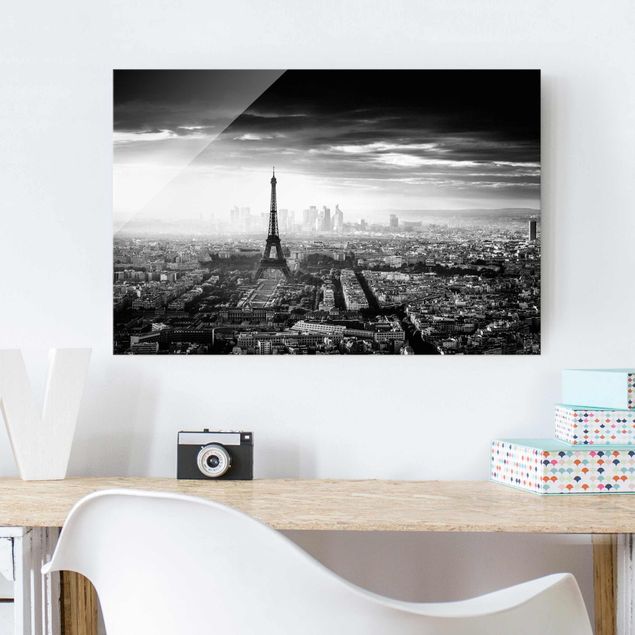 Glas Magnetboard The Eiffel Tower From Above Black And White
