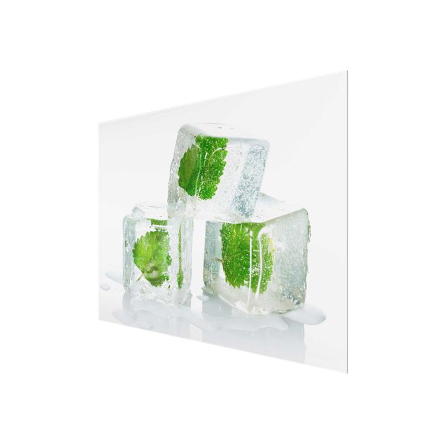 Glasschilderijen Three Ice Cubes With Lemon Balm